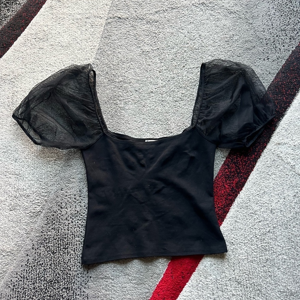 Intimately Free People Black Sheer Puff Sleeve Top - Picture 3 of 5